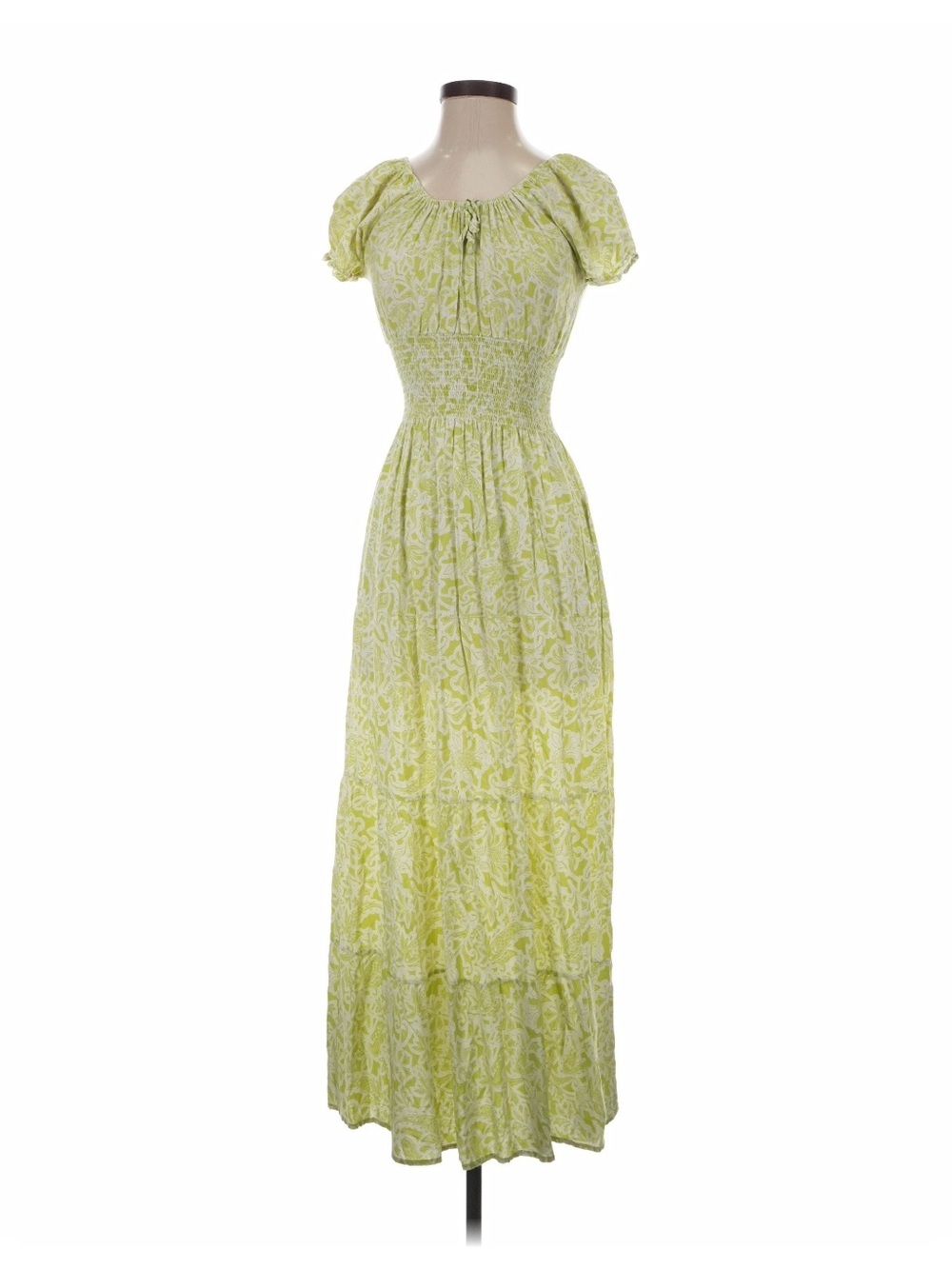 Lime Green Floral Peasant Maxi Dress with Smocked Waist